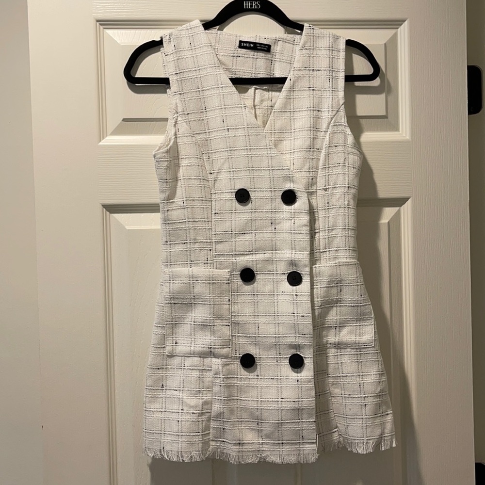 Double button raw hem tweed dress